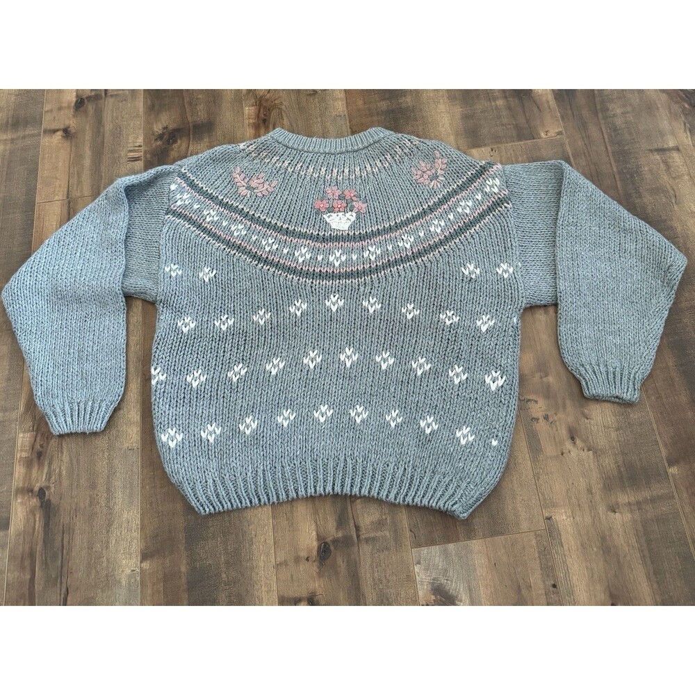 Vintage Shenanigans Sweater Womens Medium Hand Knit Floral Hearts 90s Grandma